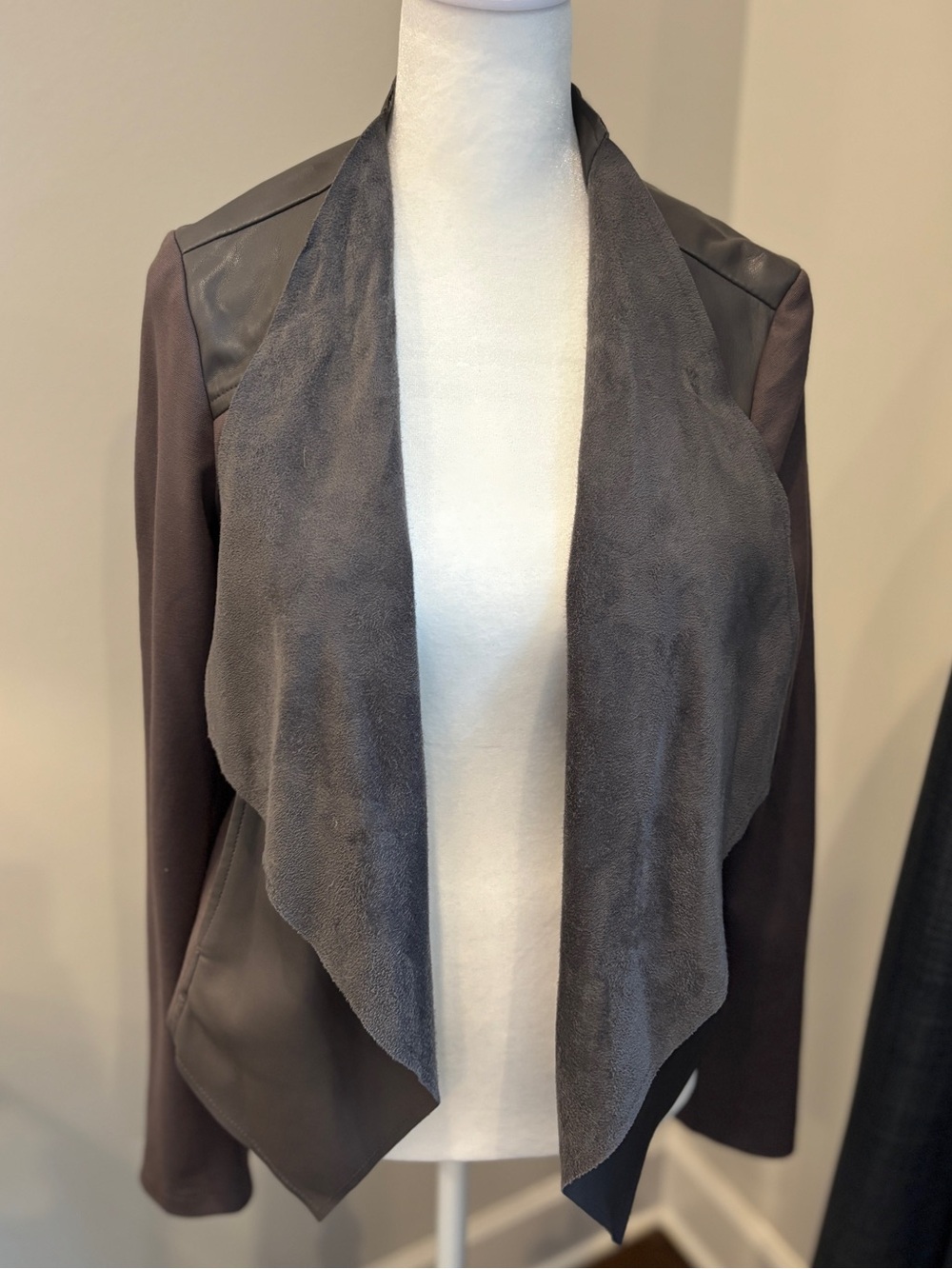Draped mixed media Open Front Blazer Jacket in Charcoal Gray